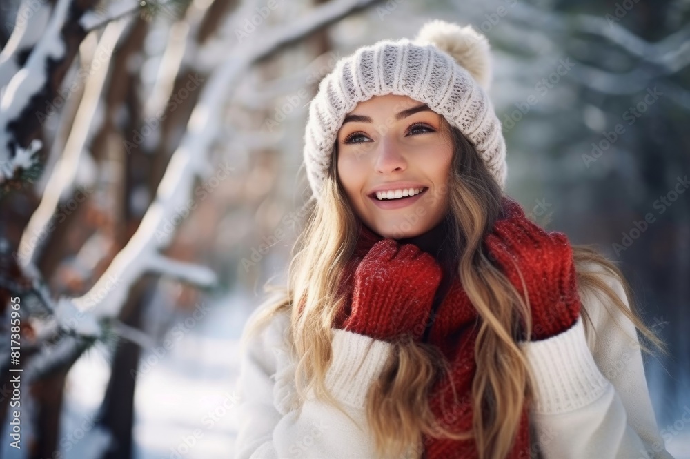 portrait of happy young woman in winter forest portrait of happy young woman in winter forest