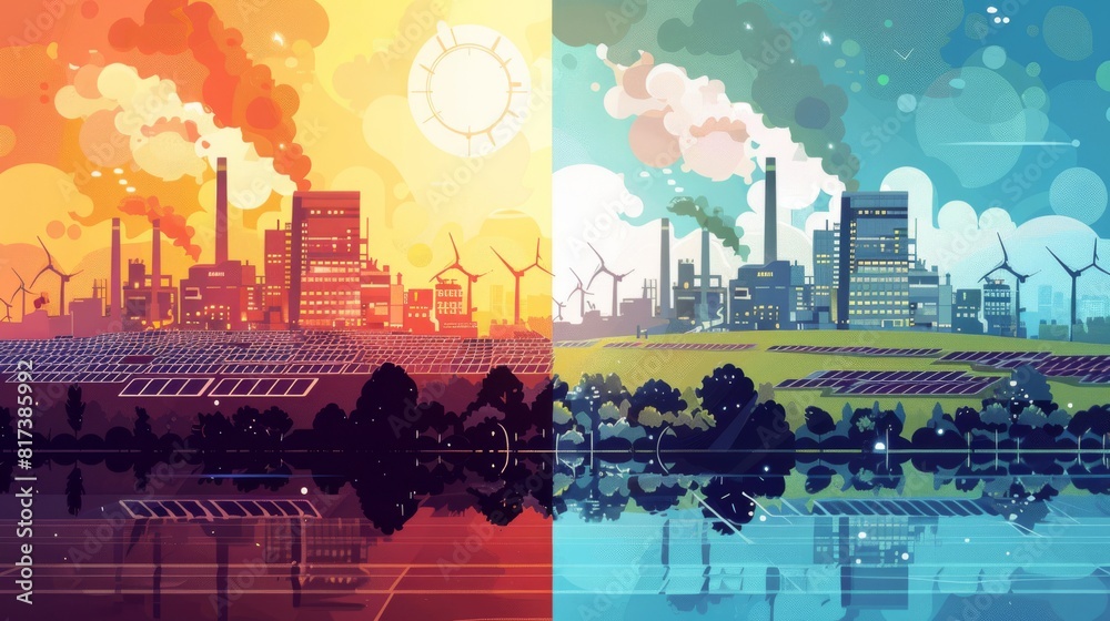A power plant burning coal on one side, and a solar farm generating clean energy on the other. A power plant burning coal on one side, and a solar farm generating clean energy on the other.