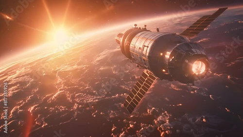A digitally rendered image of a satellite orbiting Earth, capturing the moment when the satellite is illuminated by the sunrise at the edge of space.