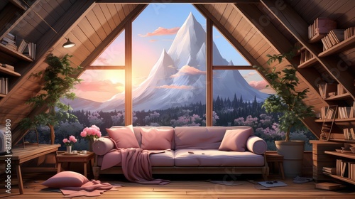 Attic background flat design front view serene meditation spot theme animation Analogous Color Scheme