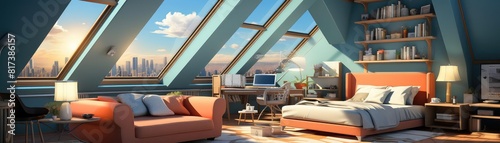 Attic background flat design side view luxurious guest suite theme animation Tetradic color scheme