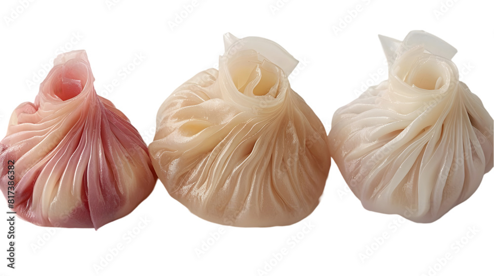 Obraz premium An ultra HD image capturing a trio of dim sum favorites soup dumplings, har gow, and char siu bao, meticulously, transparent background