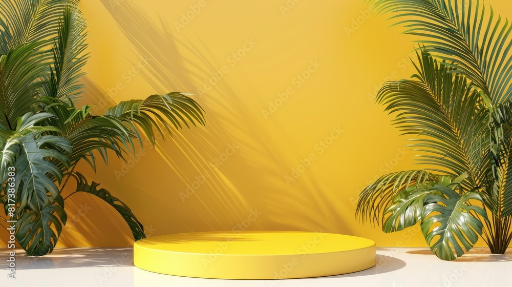 A yellow wall with a large palm tree in the foreground and a small round structure in the background A yellow wall with a large palm tree in the foreground and a small round structure in the background