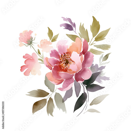 Watercolor illustration with peony flowers, hand drawn on a white background