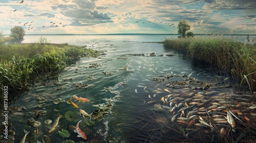 A river with no aquatic life and polluted waters, contrasted with a river teeming with fish and clean water on the other side.