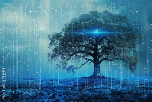 Technology style background in blue tone with an isolated tree