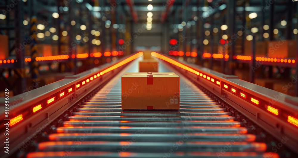 Conveyor Belt Transporting Cardboard Boxes in an E-commerce Warehouse Conveyor Belt Transporting Cardboard Boxes in an E-commerce Warehouse