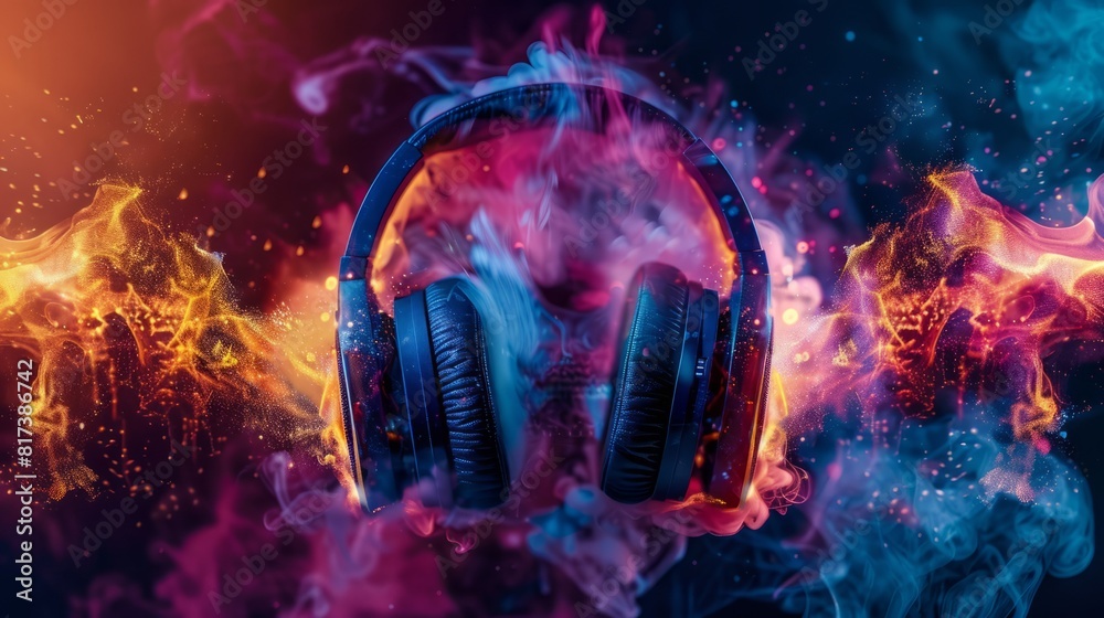 Stereo headphones exploding in festive colorful splash, flame and smoke with vibrant light effects on loud music sound, pulse, beats and flow, ready for party Stereo headphones exploding in festive colorful splash, flame and smoke with vibrant light effects on loud music sound, pulse, beats and flow, ready for party