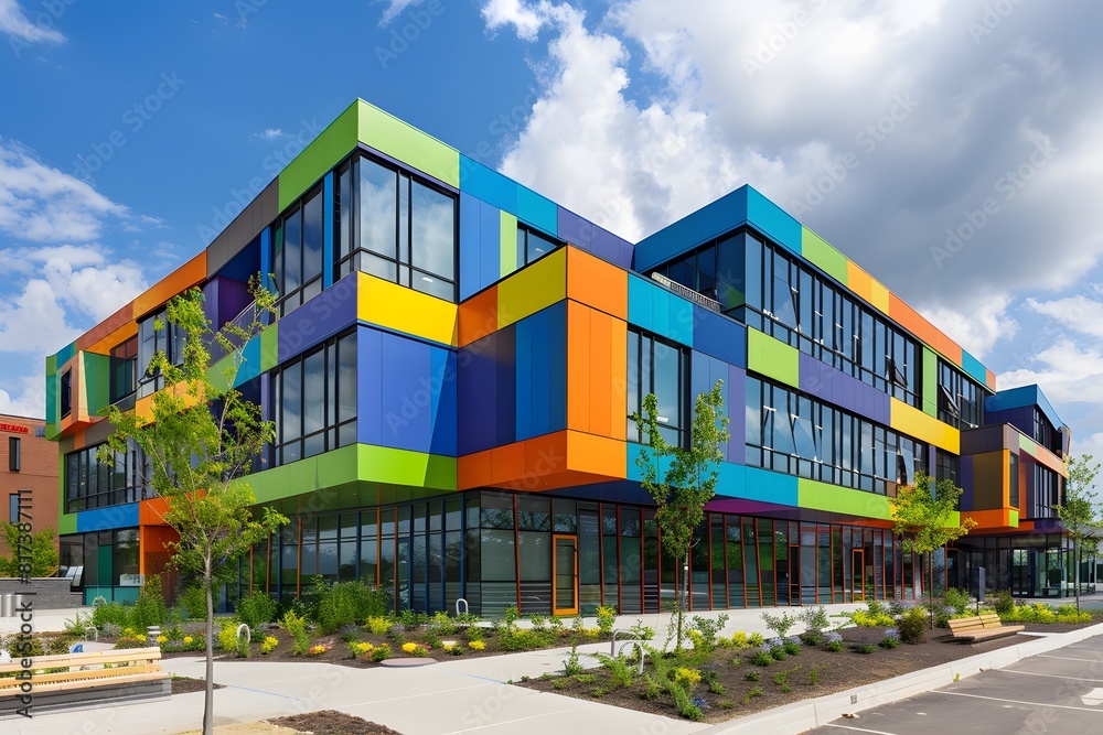 Exterior of a geometric school building with modern architectural design and colorful facade