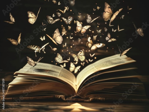 An open book with pages turning into butterflies, symbolizing the growth of ideas and creativity in reading. © SH Design