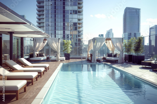 A rooftop pool deck offering panoramic views of the surrounding cityscape, complete with plush lounge chairs and cabanas for sunbathing and relaxation.  Generative Ai. © Sebastian