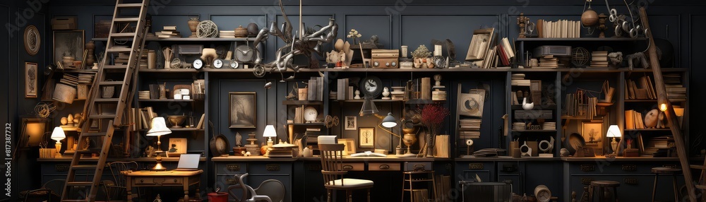 Basement background flat design top view eclectic hobby workshop theme 3D render black and white