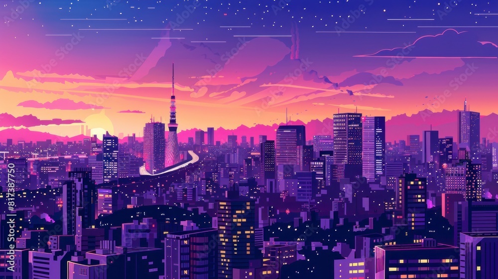 Obraz premium Illustration of a beautiful landscape of a city in Japan with train and buildings in high resolution and high quality. 2d concept