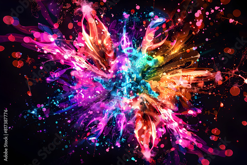 Intricate neon galaxy design with bursts of vibrant colors. Detailed artwork on black background.