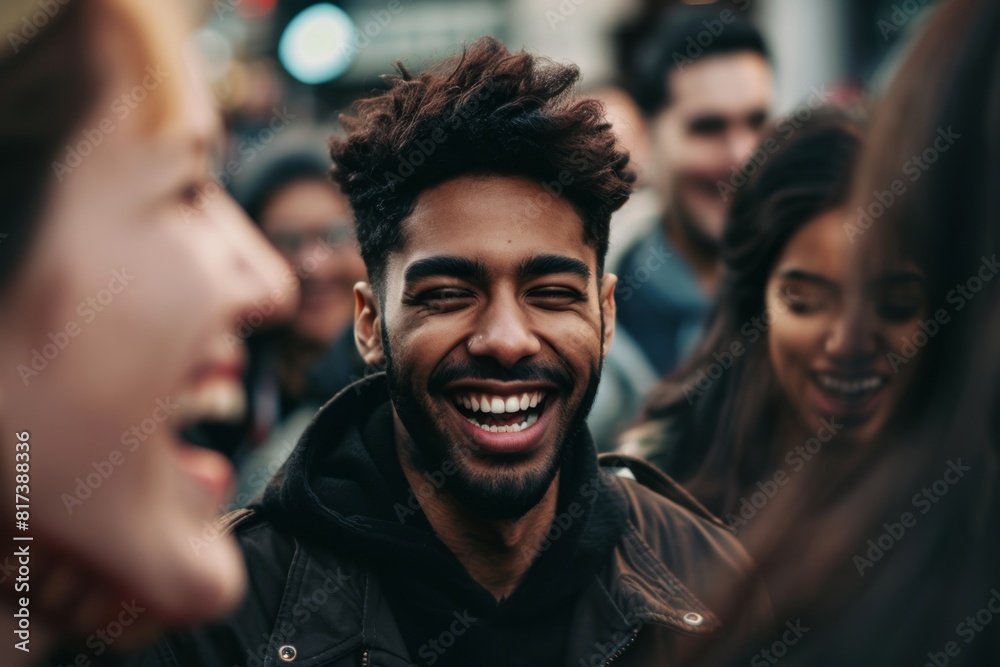 Group of young people having fun on the street. Hipster man with afro hairstyle and beard. Group of young people having fun on the street. Hipster man with afro hairstyle and beard.