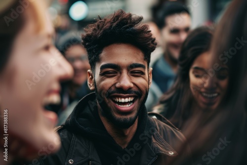 Group of young people having fun on the street. Hipster man with afro hairstyle and beard.
