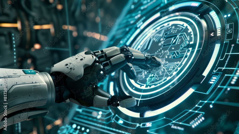 Fototapeta premium Technology: Futuristic robot hand touching a digital interface