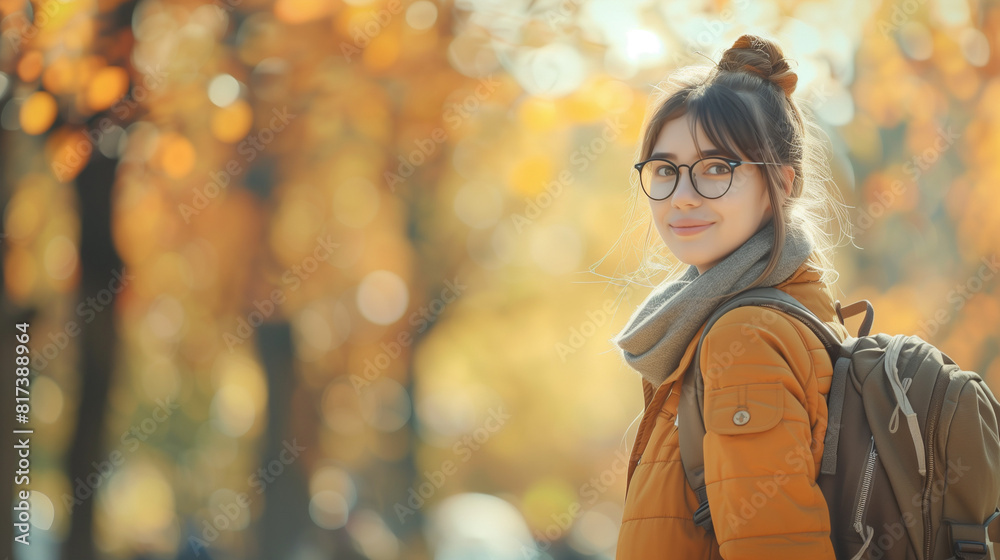 A student girl wearing glasses and a backpack is strolling through a park, surrounded by trees and greenery. She appears focused and determined as she walks along the path A student girl wearing glasses and a backpack is strolling through a park, surrounded by trees and greenery. She appears focused and determined as she walks along the path