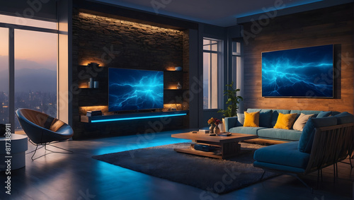 Modern smart home design with monitor screen and blue neon lights. © Gang studio