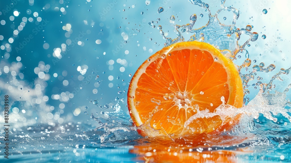 The orange is cut in half, and the water splashes around it The orange is cut in half, and the water splashes around it