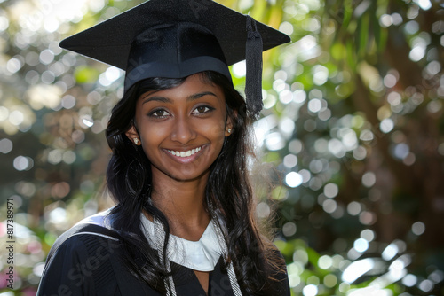 Happy diverse multiracial female graduate student in cap and gown with sunny bokeh background