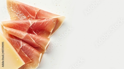 Parmesan cheese or jamon serrano slices Top view with space for copy. realistic