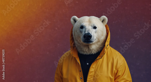 Funny Polar Bear Wearing a Bright Yellow Jacket and Orange Coat Whimsical Portrait