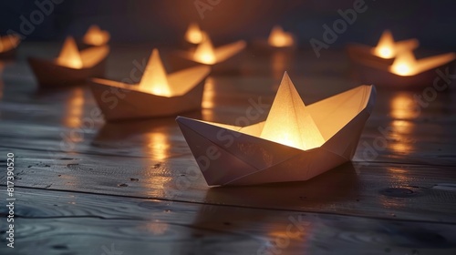 Paper Boat With Shining Light On Wooden Table Leading Fleet Of Others Thru The Darkness - Leadership Concept realistic