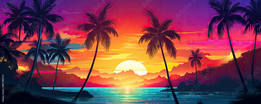 Stunning sunset on tropical beach with palm trees. Summer travel. Vaporwave synthwave retro futuristic aesthetics