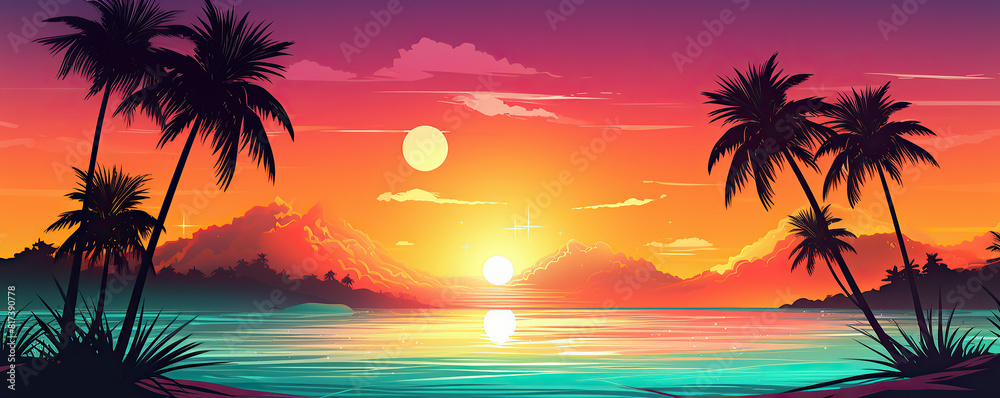 Stunning sunset on tropical beach with palm trees turquoise waves. Summer travel. Vaporwave  retro futuristic aesthetics