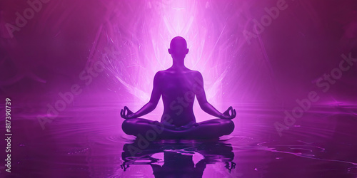 Serenity in Purple: A Person Sits in Lotus Position, Surrounded by a Soothing Purple Aura, Radiating a Sense of Calm and Tranquility
