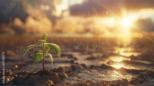 Plant Growing In Hot Dry Desert With Sunshine And Rain Storm Coming On The Horizon - New Life / Hope Concept realistic