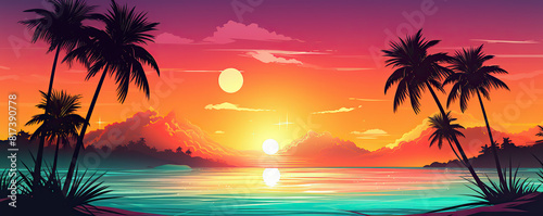 Stunning sunset on tropical beach with palm trees turquoise waves. Summer travel. Vaporwave  retro futuristic aesthetics