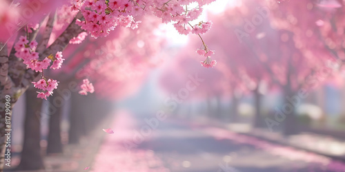 Gentle Pink Blush: A row of cherry blossom trees line a quiet street, their pink petals hinting at the approaching spring.