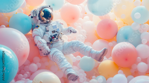
Dreamspace: An Astronaut's Playful Journey Among Pastel Spheres photo