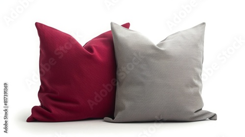 Collection Set of Red, Maroon, Grey, and Gray Blank Cushion Pillow Covers - Front Side Lying View, Isolated on White Background