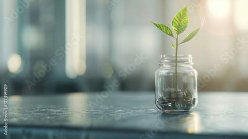 Plant Growing Out Of Coin Jar On Table In Office With Soft Grey Background - Investing And Business Success Concept realistic