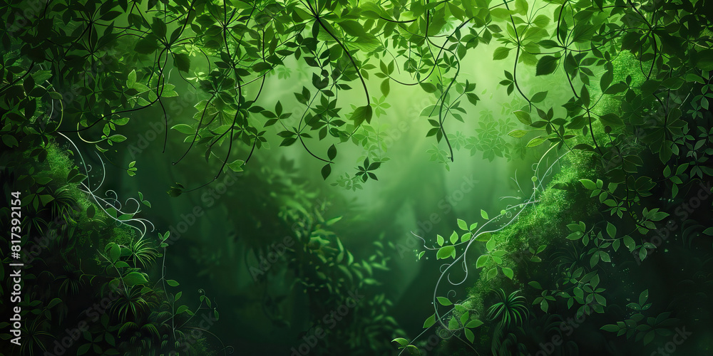 Mossy Green Jungle: Lush vegetation fills the frame, leaves and vines intertwining with each other in the dim green light Mossy Green Jungle: Lush vegetation fills the frame, leaves and vines intertwining with each other in the dim green light