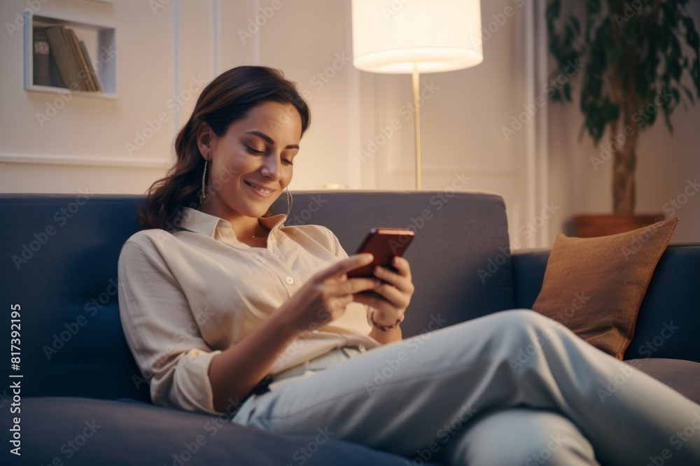 Relaxing day at home Smiling woman using mobile phone while sitting on sofa. She is text messaging in living room. She is relaxing at home Relaxing day at home Smiling woman using mobile phone while sitting on sofa. She is text messaging in living room. She is relaxing at home