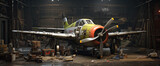 Yellow airplane with black stripes sits in hangar. Propeller faces front. Tools scattered on floor.