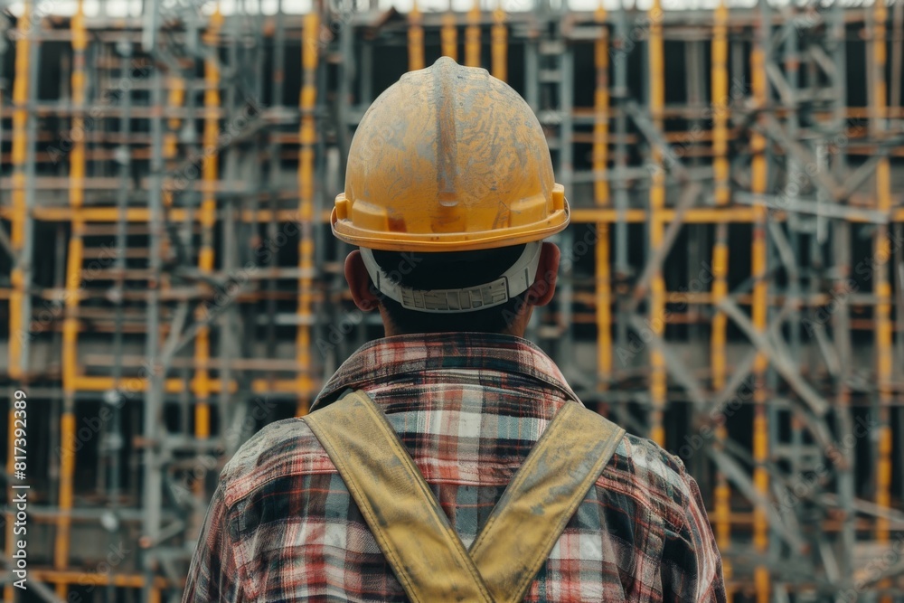 Worker looking at the construction site Worker looking at the construction site