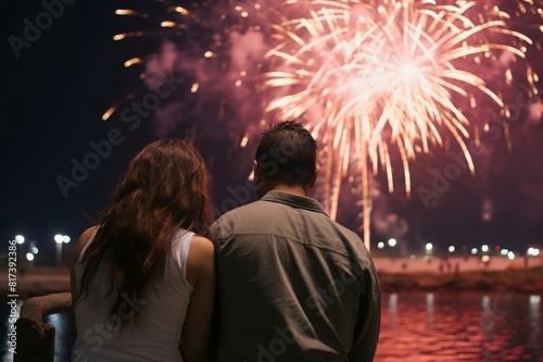 romantic love couple is watching fireworks display together while night