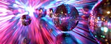 Abstract 70s disco scene featuring mirrored balls reflecting vibrant neon lights in pink, blue, and yellow hues, capturing the lively and energetic atmosphere of a retro dance floor.