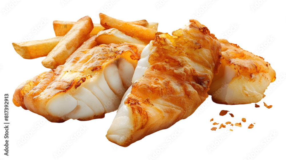 Classic fish and chips, beer-battered fish fillet and thick-cut chips, transparent background Classic fish and chips, beer-battered fish fillet and thick-cut chips, transparent background
