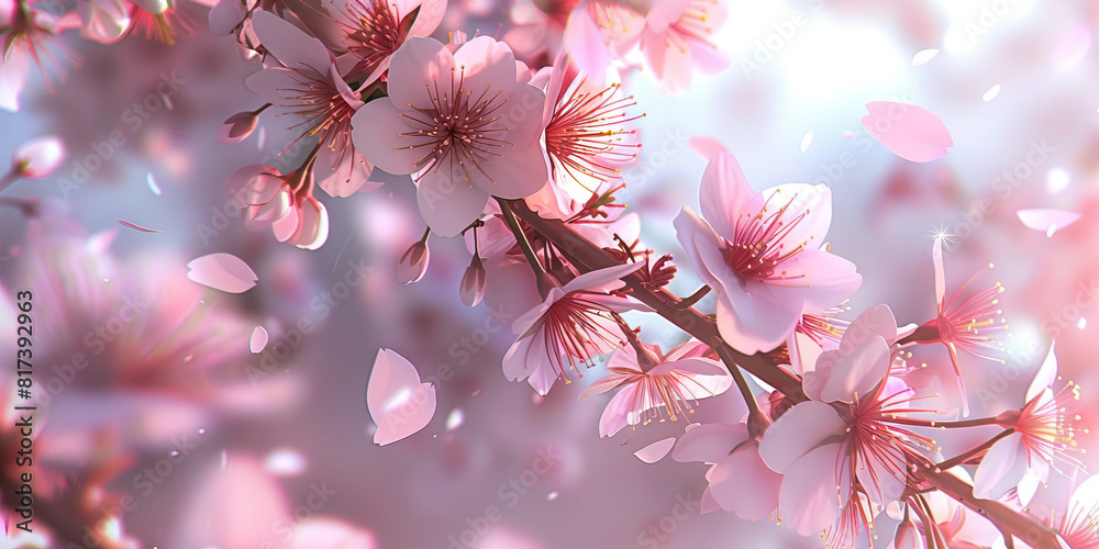 Soft Pink Blossom: A branch heavy with cherry blossoms, petals fluttering gently in the breeze Soft Pink Blossom: A branch heavy with cherry blossoms, petals fluttering gently in the breeze