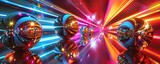 Abstract 70s disco scene featuring mirrored balls reflecting vibrant neon lights in pink, blue, and yellow hues, capturing the lively and energetic atmosphere of a retro dance floor.