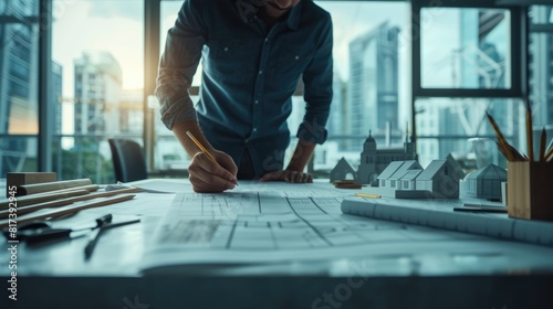 An architect meticulously examines construction blueprints on a desk within a sleek, contemporary office space. AIG41 photo