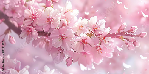 Soft Pink Blossom  A branch heavy with cherry blossoms  petals fluttering gently in the breeze