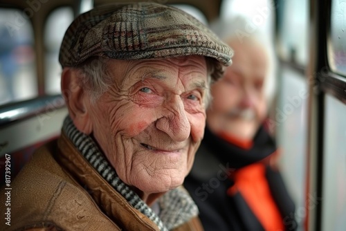 Portrait of an elderly man in a bus. Selective focus.