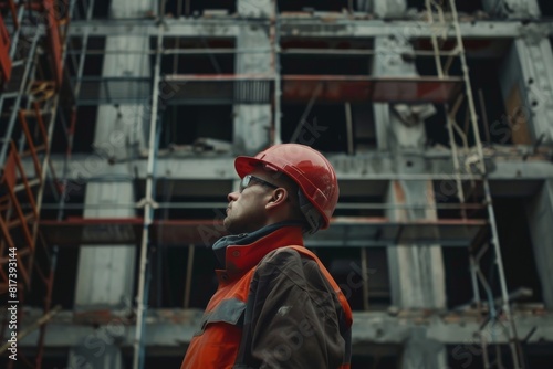 Worker looking at the construction site © InfiniteStudio